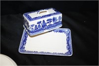 Blue/White Butter Dish; Bowl w/lid and Handles