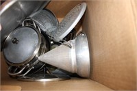 Box of Metal Cookware - Pots/Pans; Canning Sieve