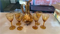 Amber glass decanter and 6 glasses