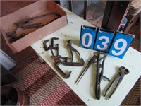BOX OF TOOLS - C-CLAMPS, PLIERS AND MORE