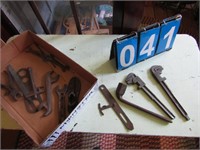 BOX OF TOOLS - WRENCHES, PLIERS AND MORE