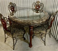 WOOD MARBLE WROUGHT IRON GLASS BREAKFAST TABLE 4 C