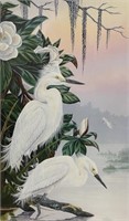 SNOWY REFUGE 2 WHITE HERONS PRINT IN DOUBLE MAT