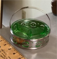 Green Depression glass divided dish in holder