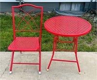 Red Metal Table and 1 Chair