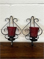 Vtg mcm Pair Black Wrought Iron Wall Sconces Red