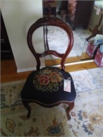 Needlepoint Seat Chair w/ Carved Flower Design