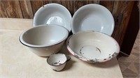 Enamelware Mixing Bowls and Cup
