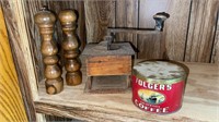 Vintage Folger’s Tin, Coffee Grinder, Shakers