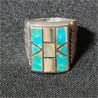 NATIVE AMERICAN TURQUOISE, ABALONE & SILVER RING