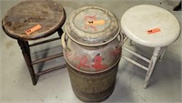 Pair of Farm Stools and Milk Can