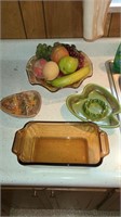 Anchor loaf pan, 2 ashtrays, vtg glass bowl w/frui