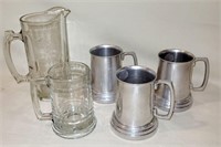 4 Vintage Beer Mugs & 1 Glass Beer Pitcher
