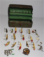 vintage tackle box w antique fishing lures etc.