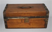 antique doll size wooden trunk w metal trim