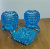 Blue glass hobnail candleholders and salt candle