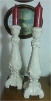 Pair of off white candleholders approx 15 inches