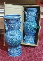 Pair of blue vases with dragons approx 6 inches