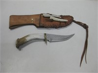 10.5" Long Antler Handled Knife In Leather Sheath