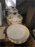 Three heavy enamel Ware pans with floral