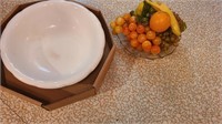Large White Wash Basin bowl, glass bowl of fruit