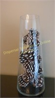 Glass Decorative Vase w Frosted Pine Cones
