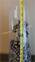 Glass Decorative Vase w Frosted Pine Cones