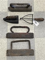 Unique Fluting Iron, Trivet, 3 Flat Irons