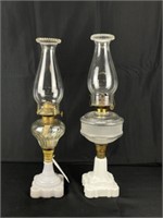 2 Early Oil Lamps Complete w/ Burner & Chimney