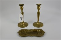 Early Brass Candlesticks, Candle Snuffer & Tray
