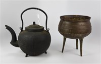 Cast Iron Footed Tea Kettle & Tall Footed Pot