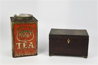 English Mahogany Tea Caddy & 3 lb Advertising Tin