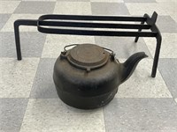 Iron Tea Kettle, Early 3 Footed Fireplace Trivet
