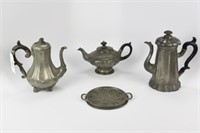 3 Early Pewter Tea Pots and Trivet
