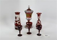 Cranberry Etched Glassware - 6 Pieces