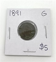 1891 Graded Antique Indian Head Penny Coin