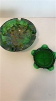 Pair of Green Glass Ash Trays: 1 Art Glass & 1