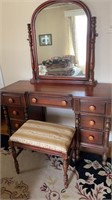Vintage Wood Vanity With Mirror & Vanity Stool