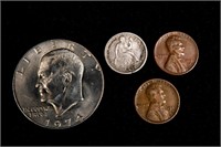 1891 Dime,1974 Eisenhower, 2 Wheat Pennies-27D,51S