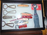 Display: Coca Cola bottle openers & pocket knives