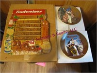 2 A-B collector plates & Budweiser wood calendar
