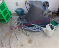 Yard cart, 2 garden hoses, water cans & other