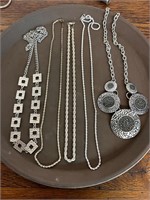 5 silver tone necklaces