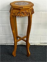 Asian Carved Wood Pedestal with Inset Marble Top