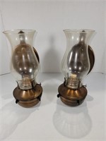 Two Wall Hanging Brass Oil Lamps