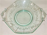 Green Depression Glass Etched 2 Handle Bowl