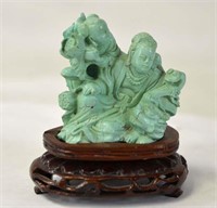 Chinese Carved Turquoise Figure Group w Stand