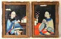 Pr Framed  Chinese Reverse  Glass Paintings
