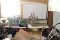 Large Lot of Items in Front of, on and above Table