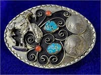Turquoise & Coral Western HandCrafted Belt Buckle